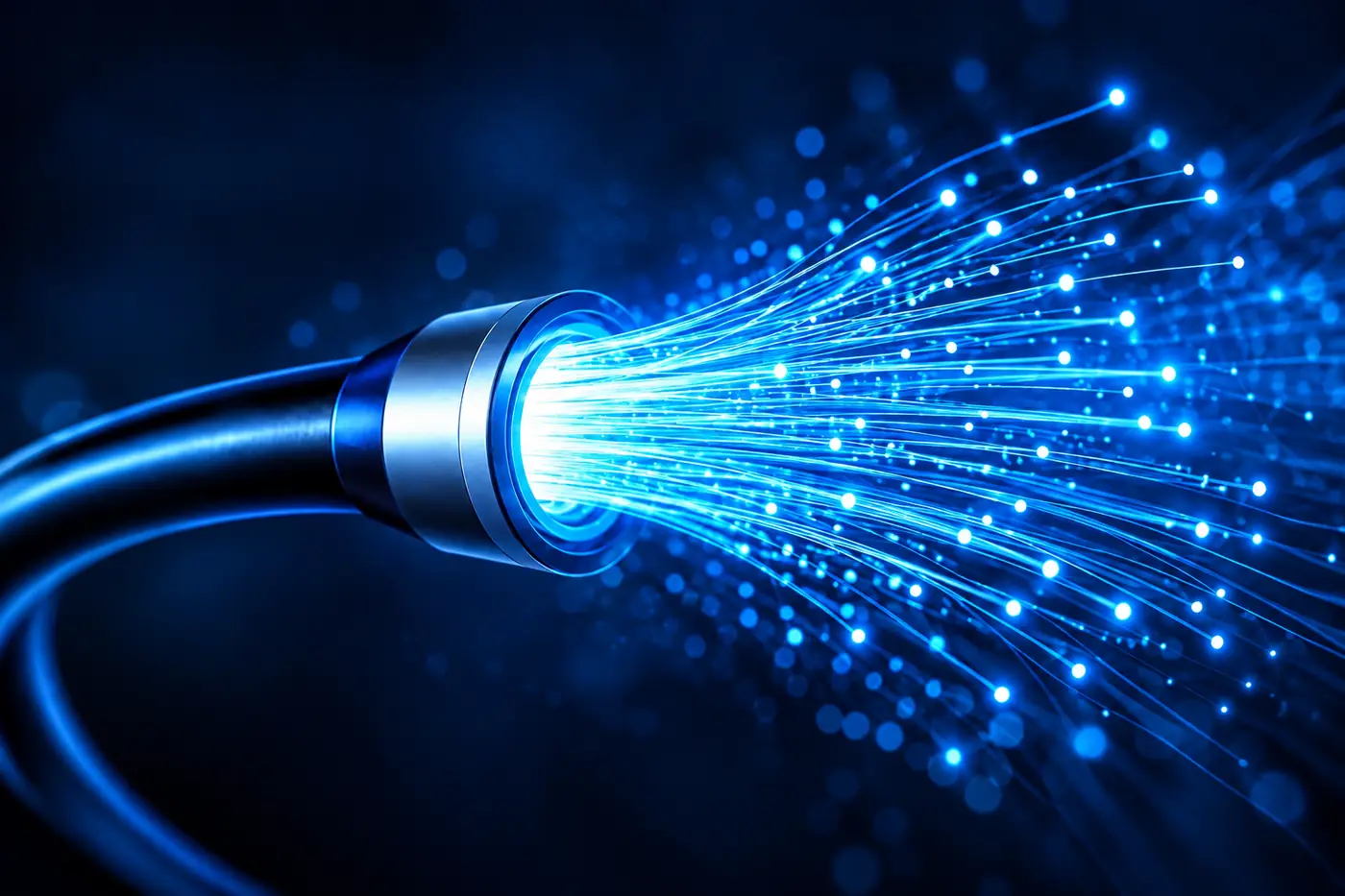 Conector de fibra óptica con haces de luz azul que salen del cable
