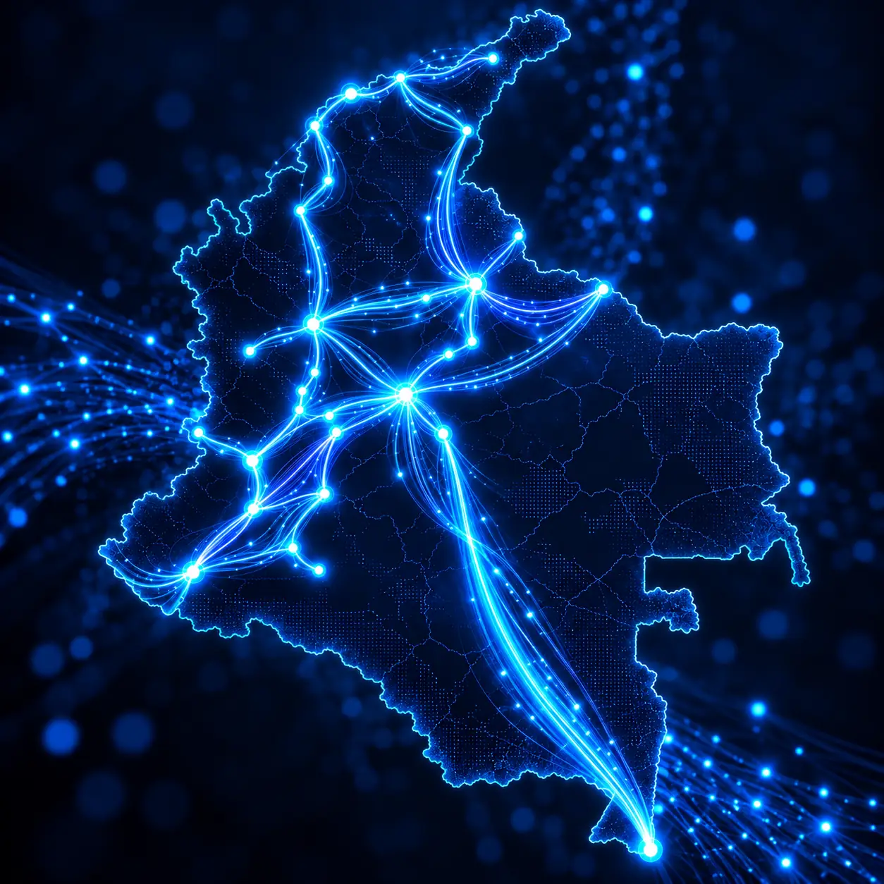 Mapa de Colombia formado por una red de nodos y líneas luminosas