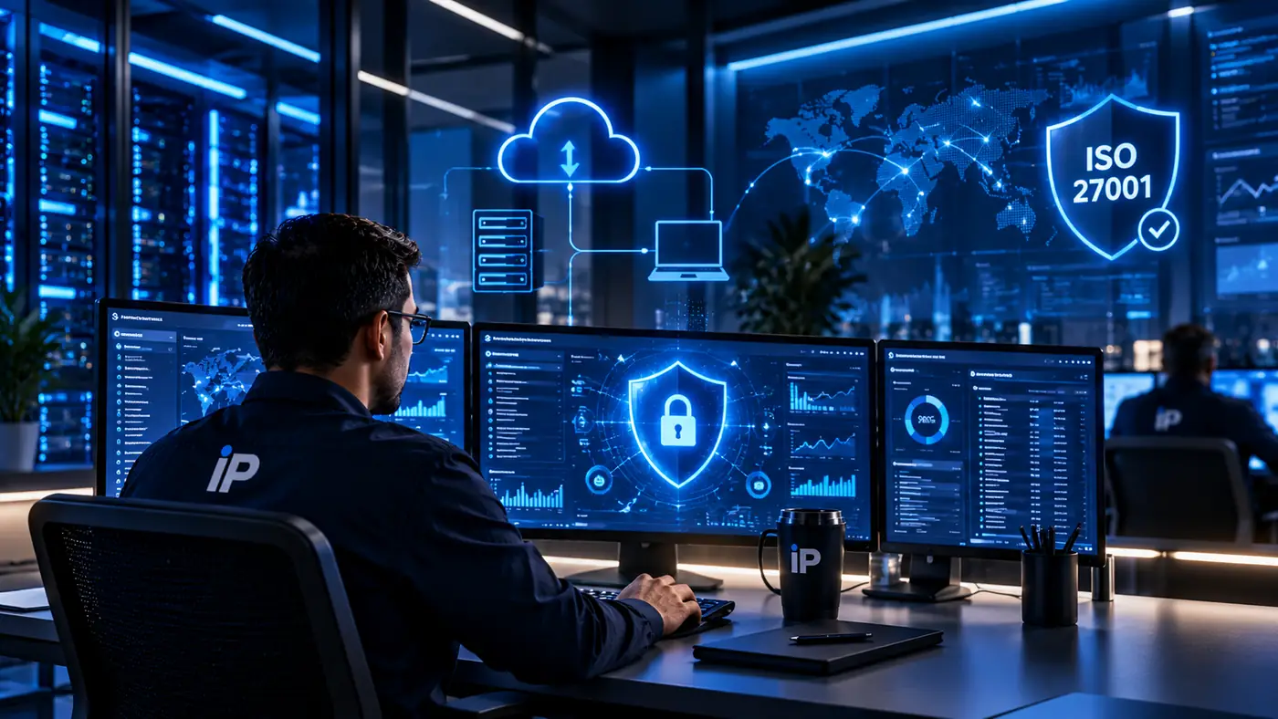 Equipo de ciberseguridad frente a monitores con un escudo y el sello ISO 27001