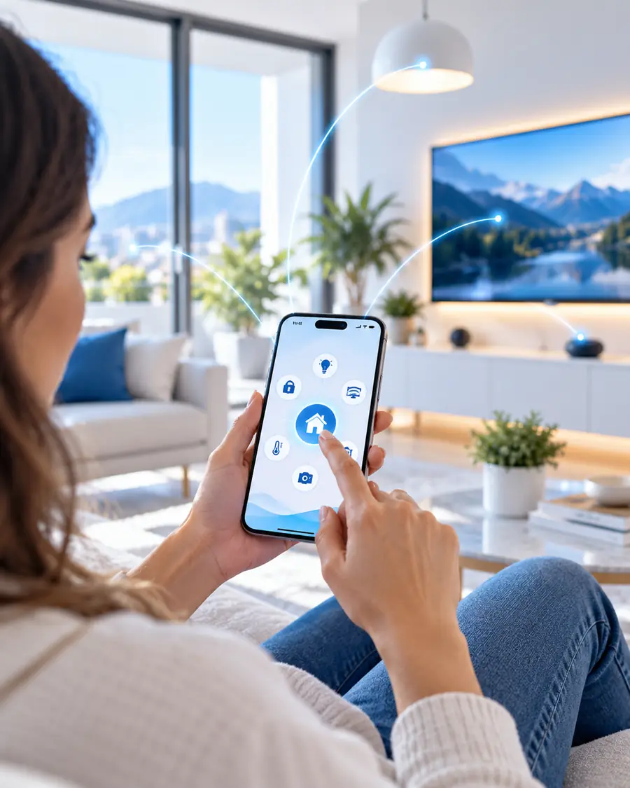 Persona controlando su hogar desde el celular frente a una pantalla de televisión