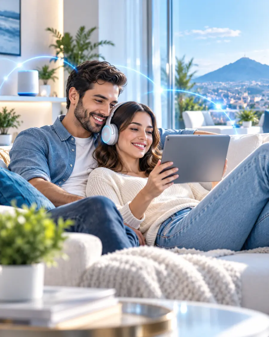 Pareja viendo contenido en una tableta en su sala mientras comparten