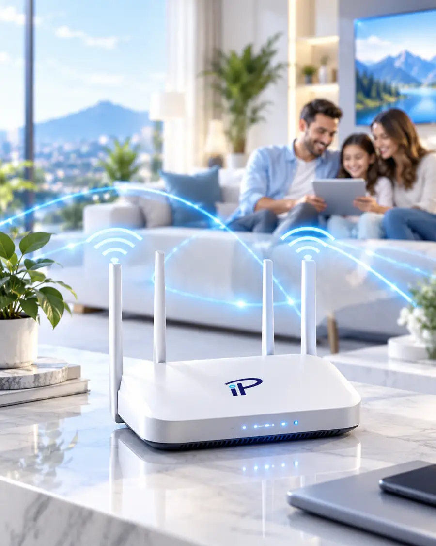 Router WiFi de IP Technologies sobre una mesa en una sala donde una familia usa dispositivos