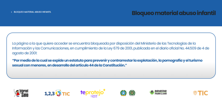 Ejemplo de la página de bloqueo por material de abuso sexual de niñas, niños y adolescentes