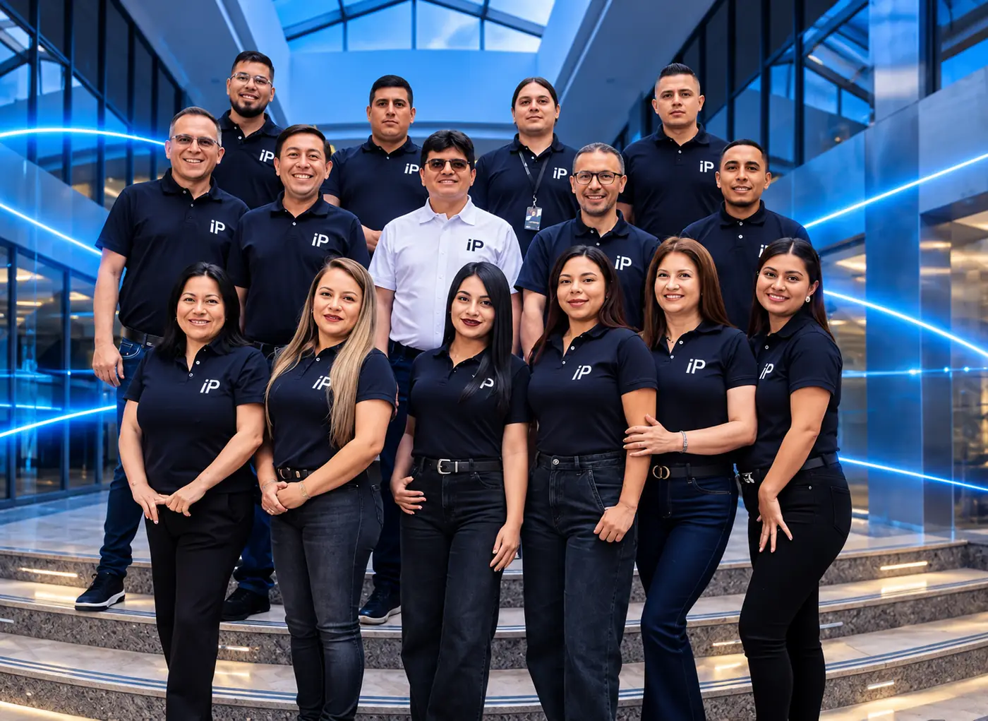 Equipo de IP Technologies con camisetas oscuras reunido en las escaleras de un atrio azul