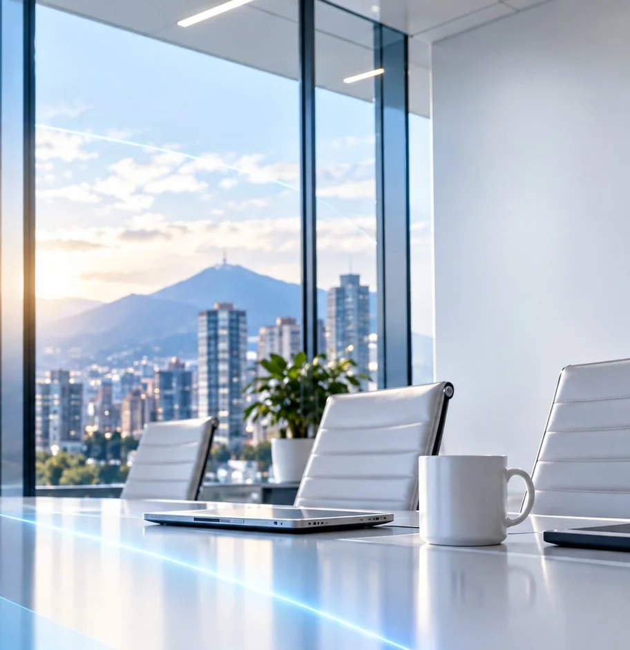 Sala de juntas luminosa con vista a la ciudad